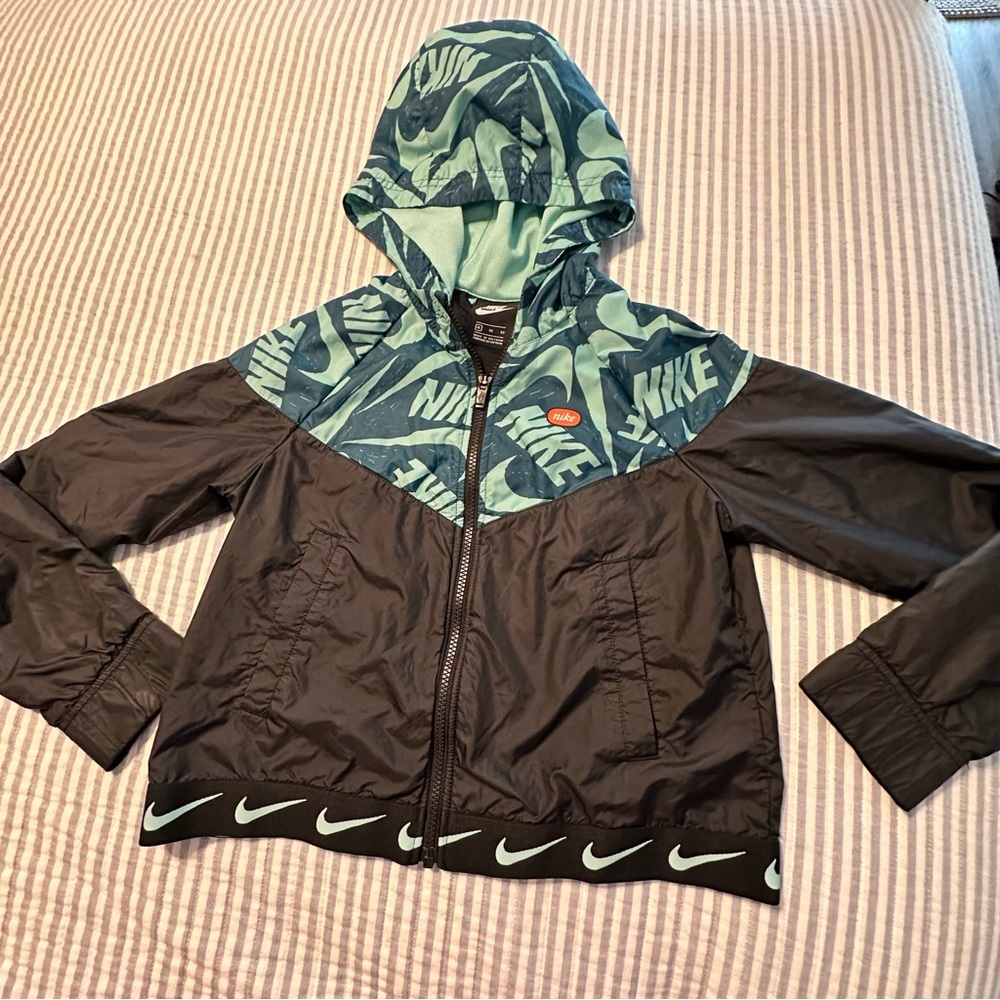 Nike Kids Windrunner Hooded Windbreaker Jacket Black Teal Logo DB5796-010 XL